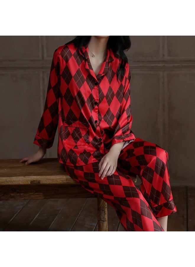 Unisex Satin Pajama Set for Men & Women, Matching Couple Sleepwear, Long Sleeve Button-Down Shirt & Pants, Silky Soft Nightwear, Red Diamond Print -MG11 - Image 3